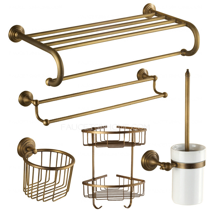 Vintage Antique Brass European Style 5-piece Bathroom Accessory Sets