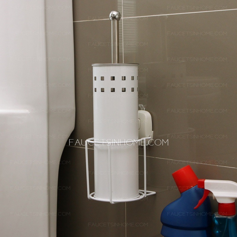 White Suction Wall Mount Stainless Steel Toilet Brush Holder