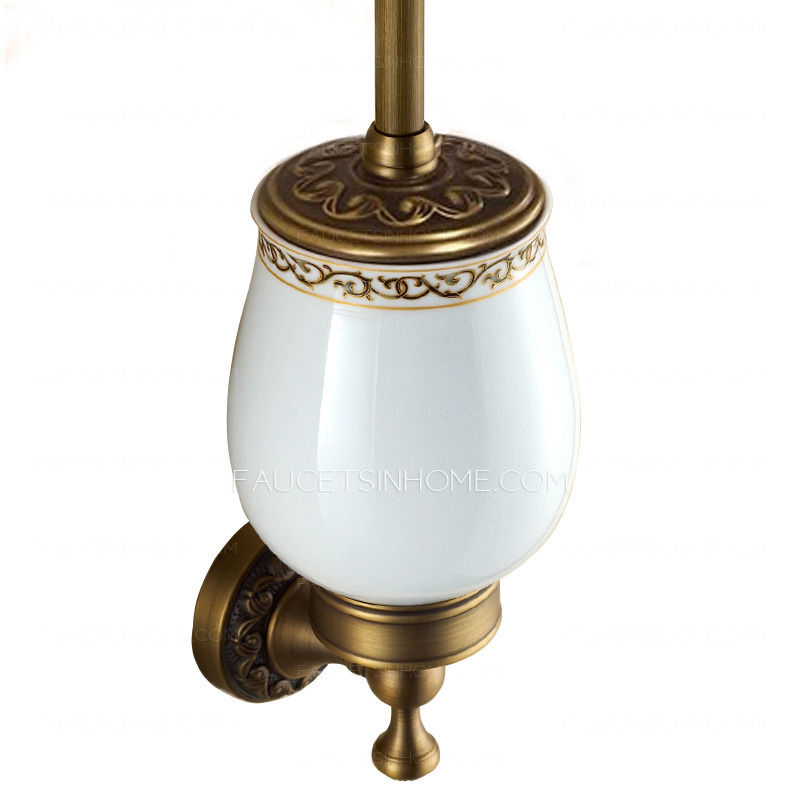 American Carved Style Antique Brass Ceramic Toilet Brush Holder With Cover