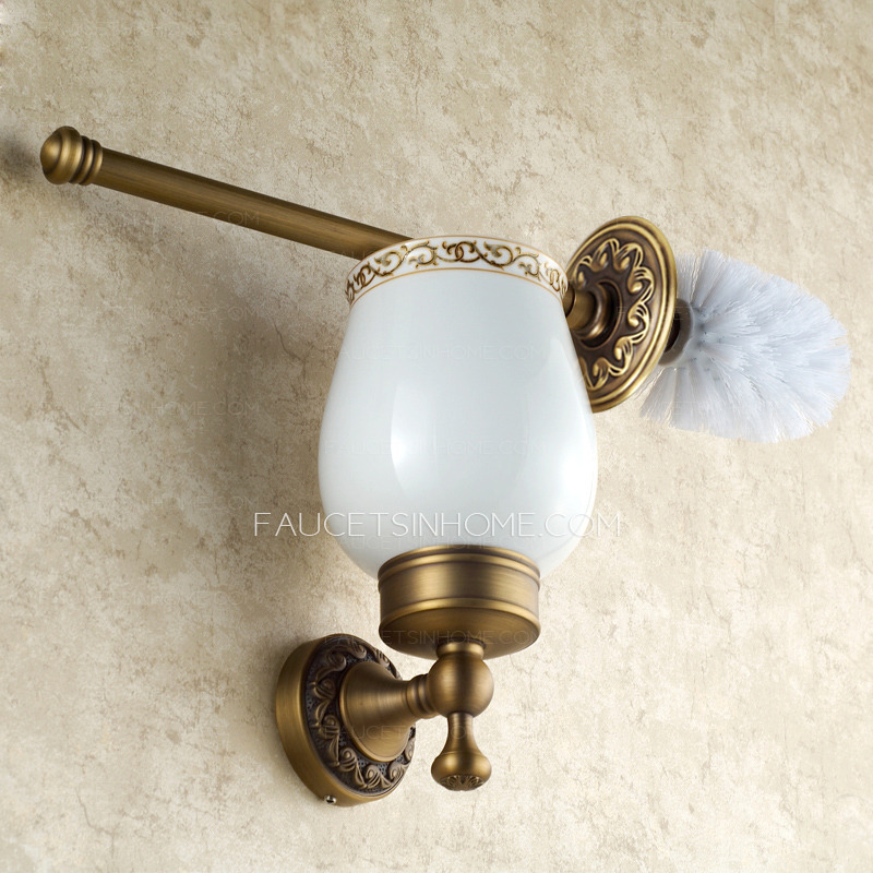 American Carved Style Antique Brass Ceramic Toilet Brush Holder With Cover