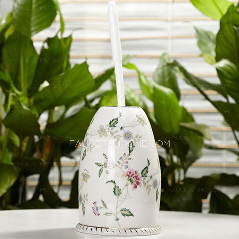 Floral White Ceramic Toilet Brush Holder Freestanding