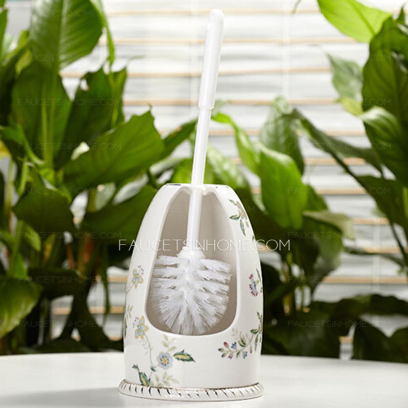 Floral White Ceramic Toilet Brush Holder Freestanding