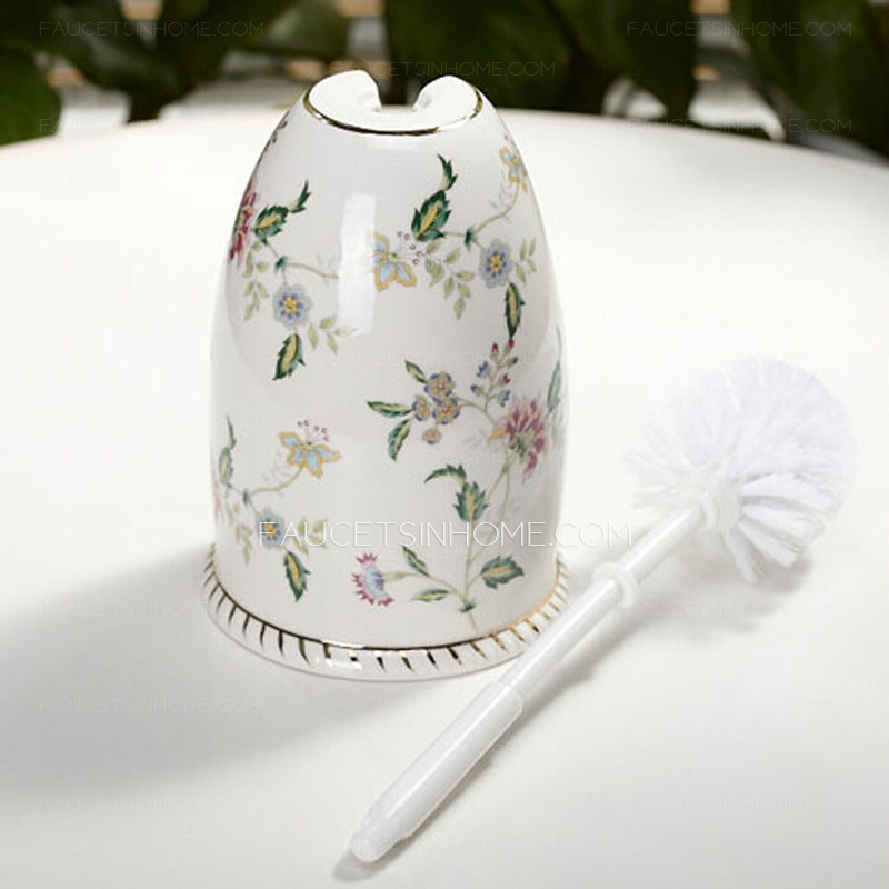 Floral White Ceramic Toilet Brush Holder Freestanding