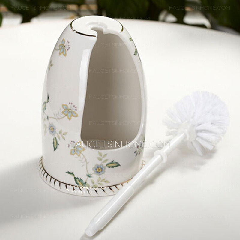 Floral White Ceramic Toilet Brush Holder Freestanding