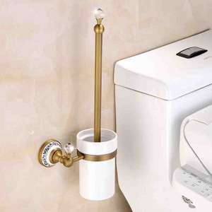 Antique Brass White Ceramic Toilet Bowl Brush Holder Wall Mounted
