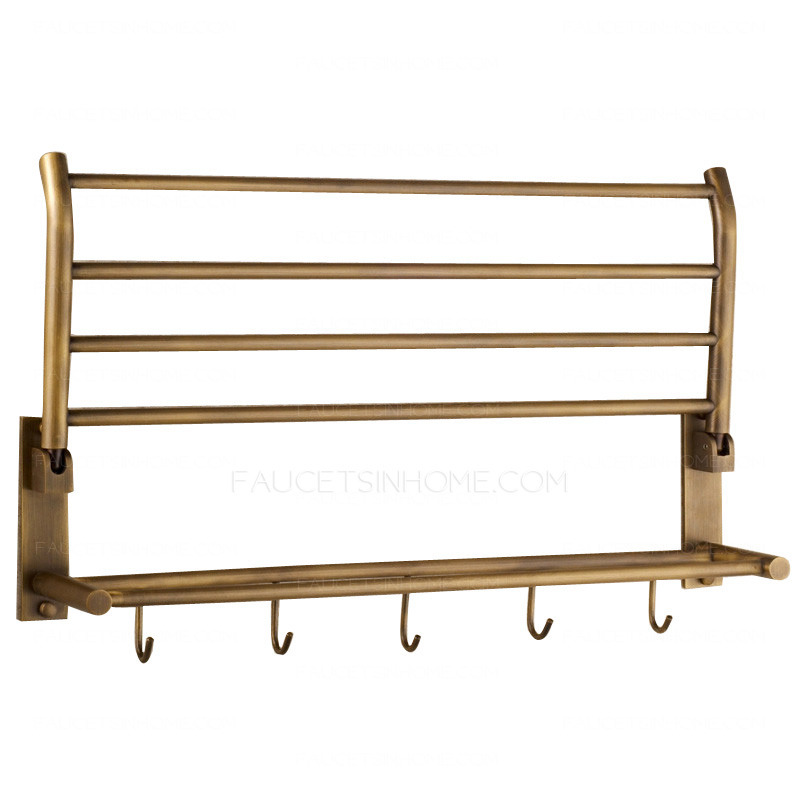 Foldable Antique Brass Wall Mounted Bathroom Shower Shelves With Robe Hooks