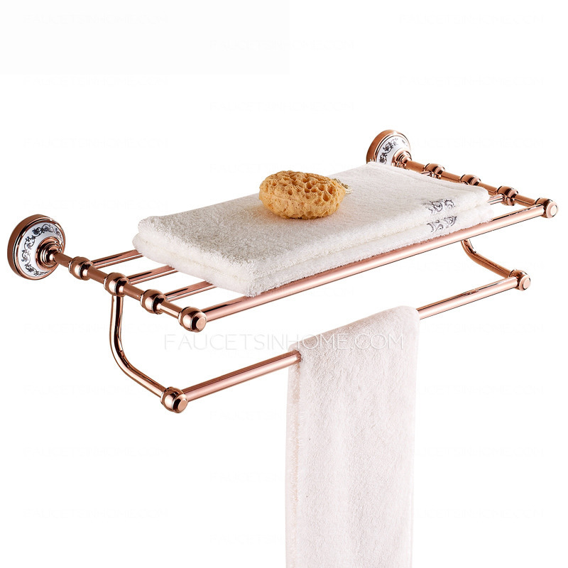Double Rose Gold Metal Bathroom Shelves With Towel Bar