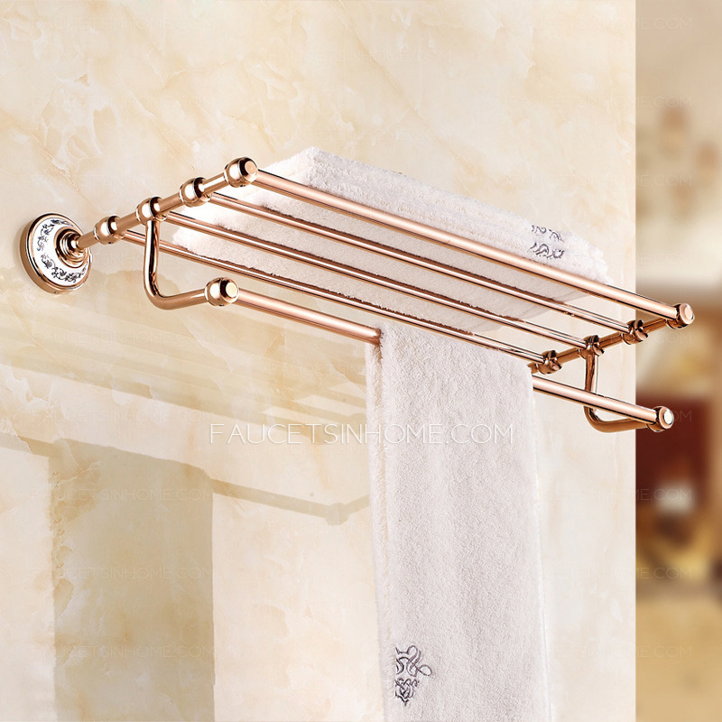 Double Rose Gold Metal Bathroom Shelves With Towel Bar