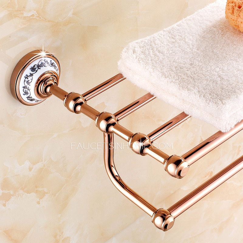 Double Rose Gold Metal Bathroom Shelves With Towel Bar