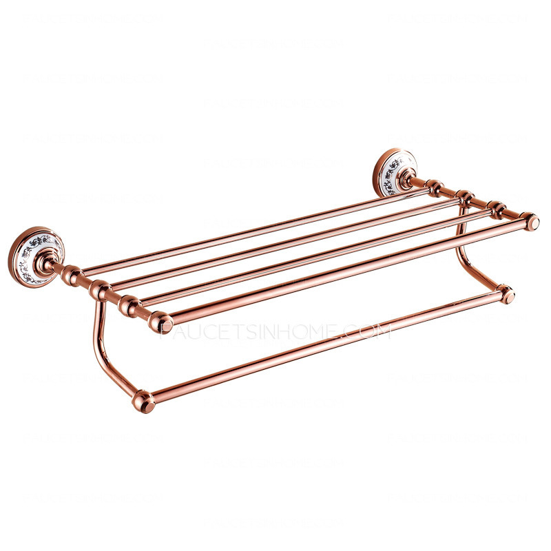 Double Rose Gold Metal Bathroom Shelves With Towel Bar