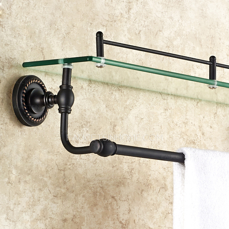 American Style Single Black Glass Bathroom Shelves With Towel Bar