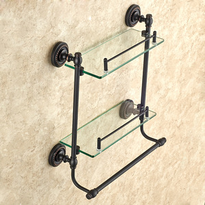 Double Black Oil Rubbed Bronze Hanging Bathroom Glass Shelves