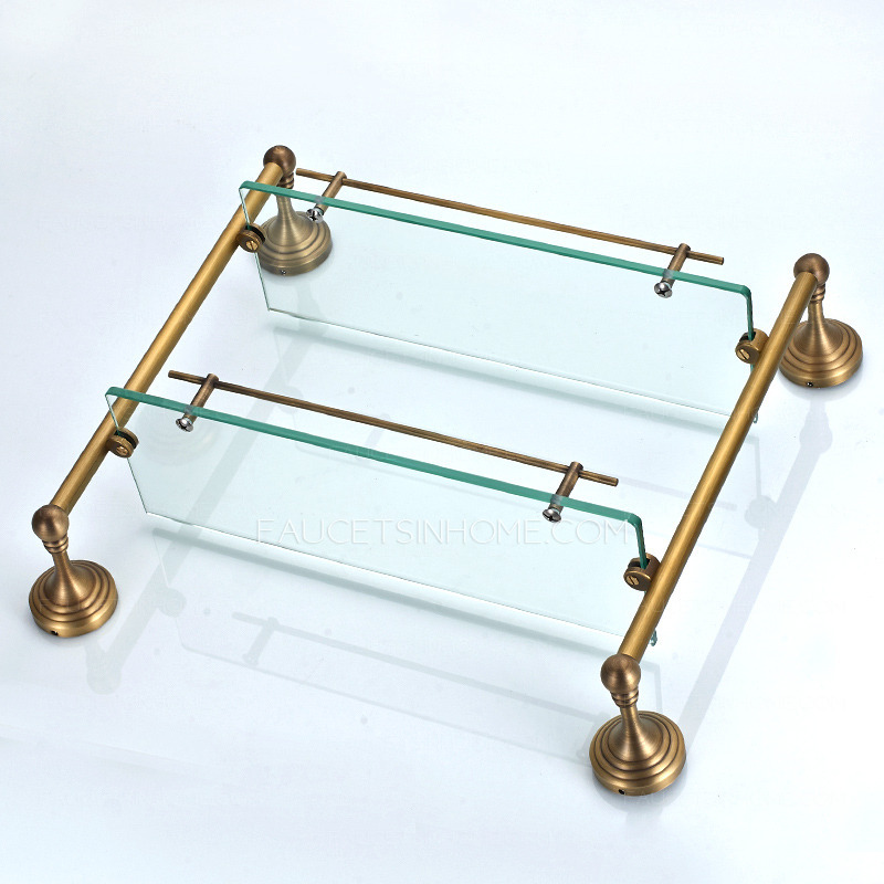 Antique Brass Double Hanging Glass Shelves For Bathroom