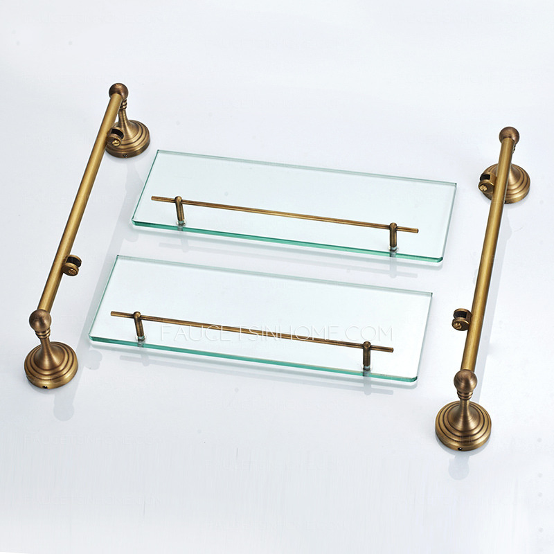 Antique Brass Double Hanging Glass Shelves For Bathroom