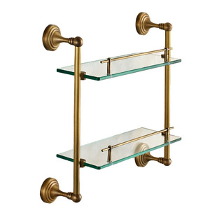 Antique Brass Double Hanging Glass Shelves For Bathroom