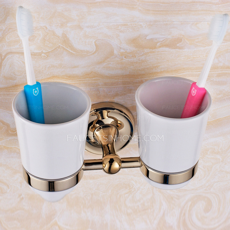 Polished Brass Porcelain Wall Mount Toothbrush Holder 