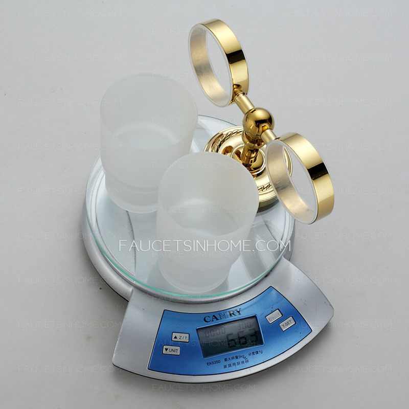 Double Cup Polished Brass Glass Wall Mount Toothbrush Holder