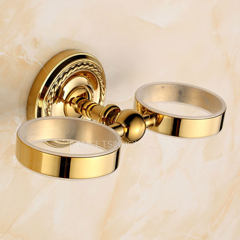 Double Cup Polished Brass Glass Wall Mount Toothbrush Holder