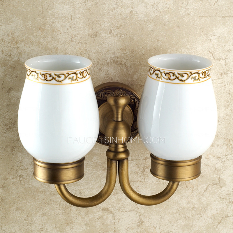 Wall Mounted Antique Brass Ceramic Double Cup Toothbrush Holder