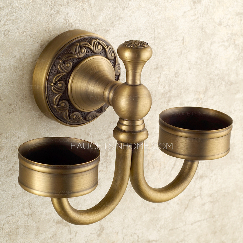 Wall Mounted Antique Brass Ceramic Double Cup Toothbrush Holder