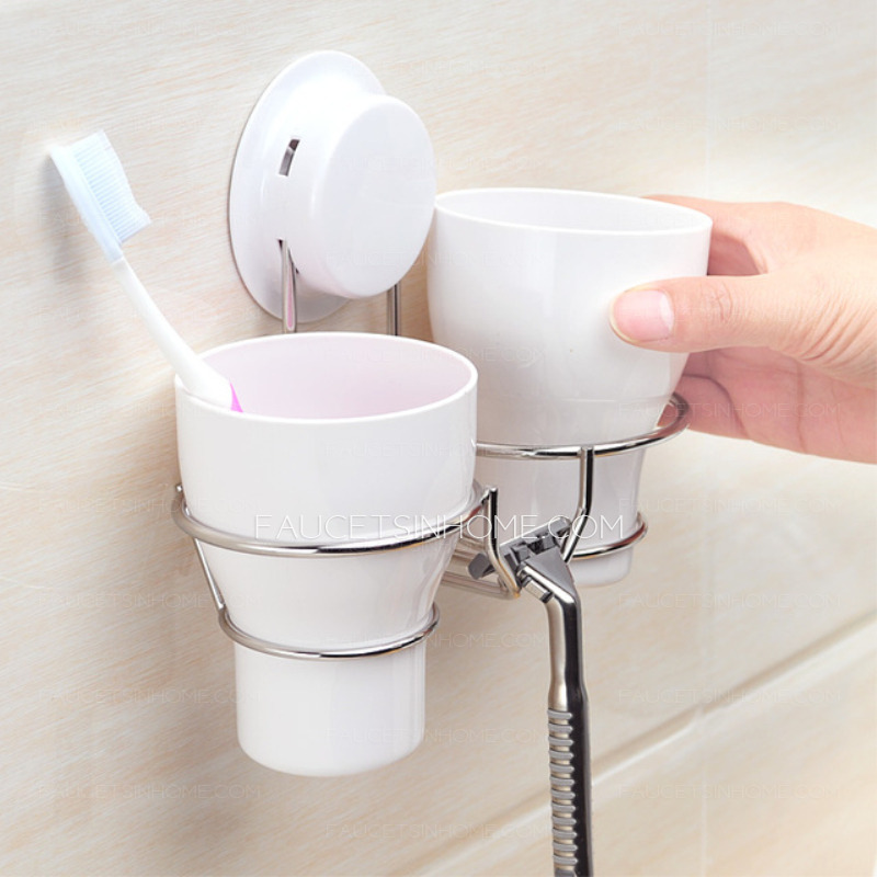 White Plastic Wall Toothbrush Holder Suction Double Cups