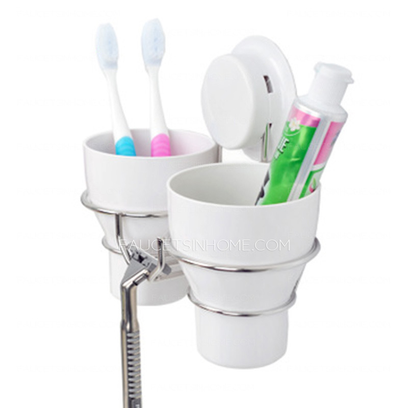 White Plastic Wall Toothbrush Holder Suction Double Cups