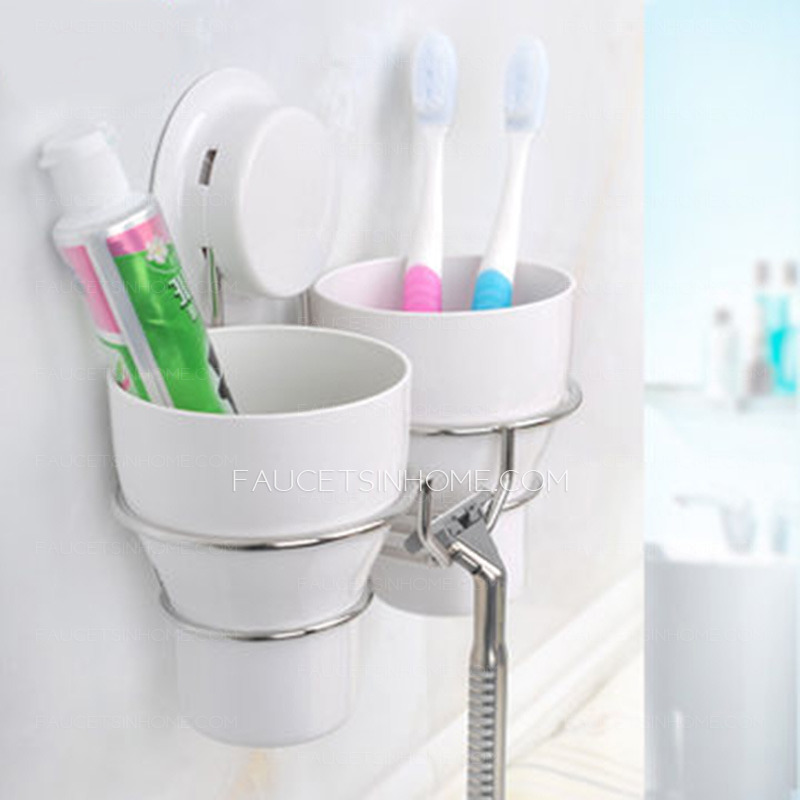 White Plastic Wall Toothbrush Holder Suction Double Cups