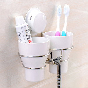 White Plastic Wall Toothbrush Holder Suction Double Cups