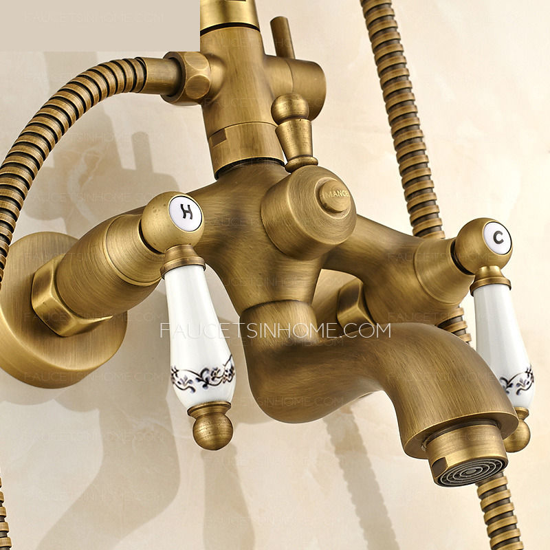 Antique Brass Lotus Top Shower Faucet System With Hand Shower