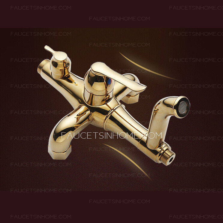 Golden Polished Brass Exposed Wall Mount Shower Faucet System