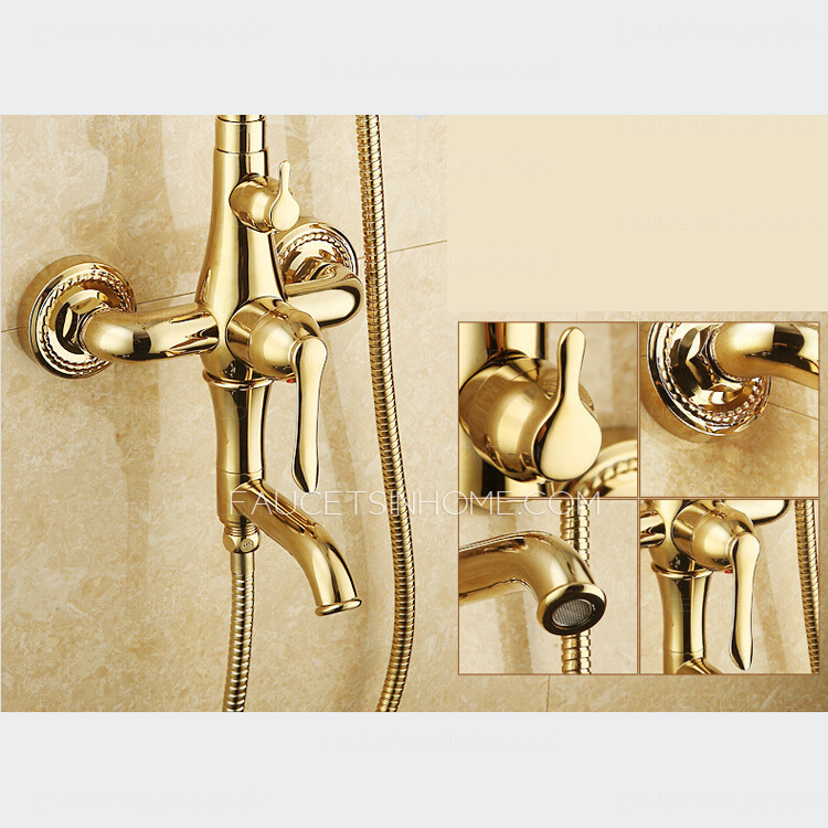 Golden Polished Brass Exposed Wall Mount Shower Faucet System