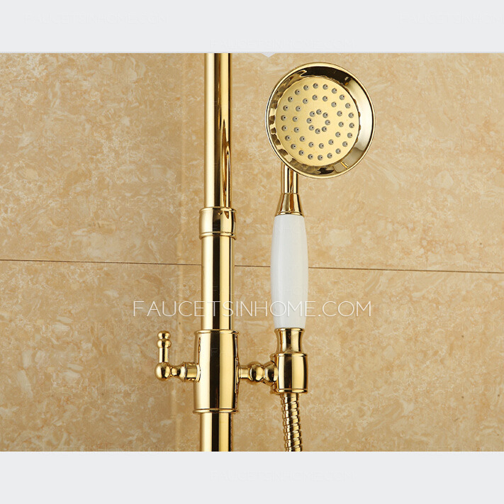 Golden Polished Brass Exposed Wall Mount Shower Faucet System