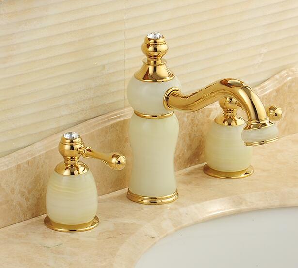 Luxury Polished Brass Jade Three Hole Bathroom Sink Faucets