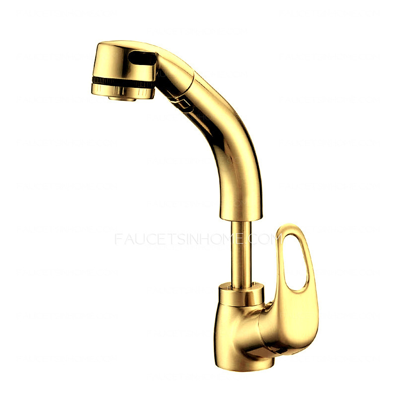 Golden Elevating Rotatable Brass Kitchen Faucet With Pullout Spray