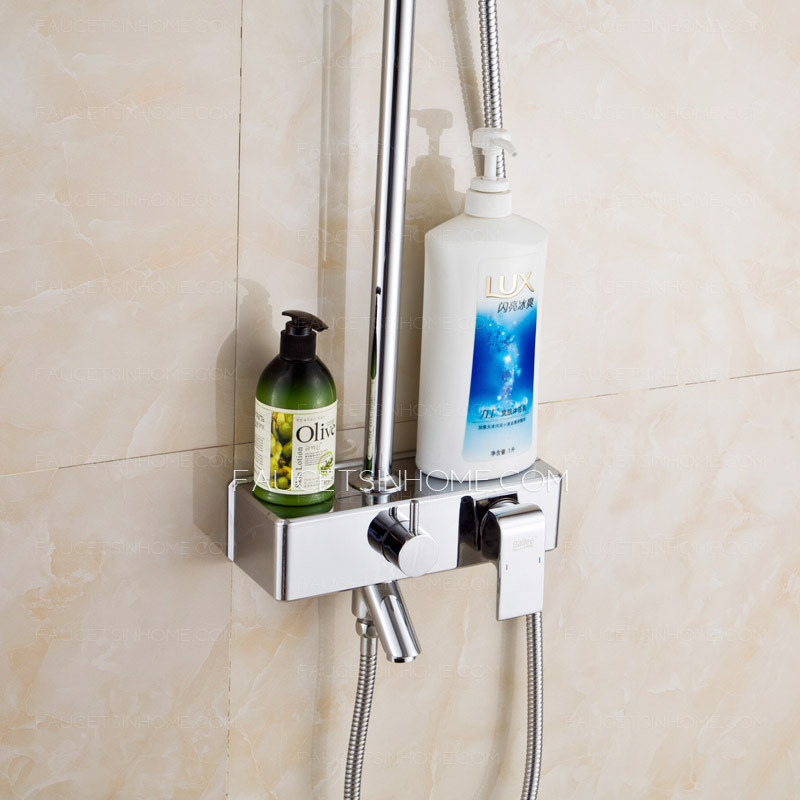 Modern Square Shaped Brass Hand Shower Faucet With Shelf(Stainless Steel Top Shower)