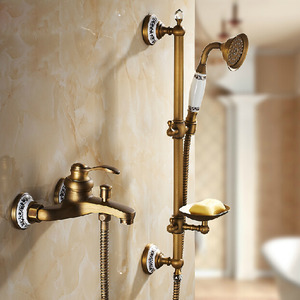 Designer Brass Four Hole Wall Mounted Tub And Shower Faucet With Soap Dish