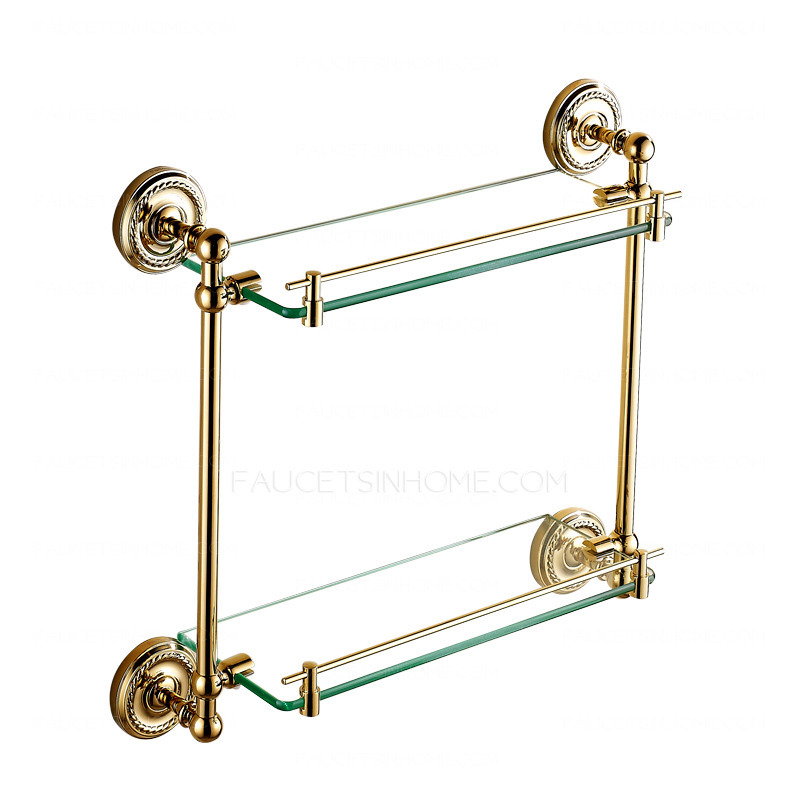 Golden Double Brass Glass Shelves For Bathroom