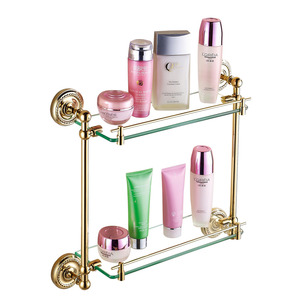 Golden Double Brass Glass Shelves For Bathroom