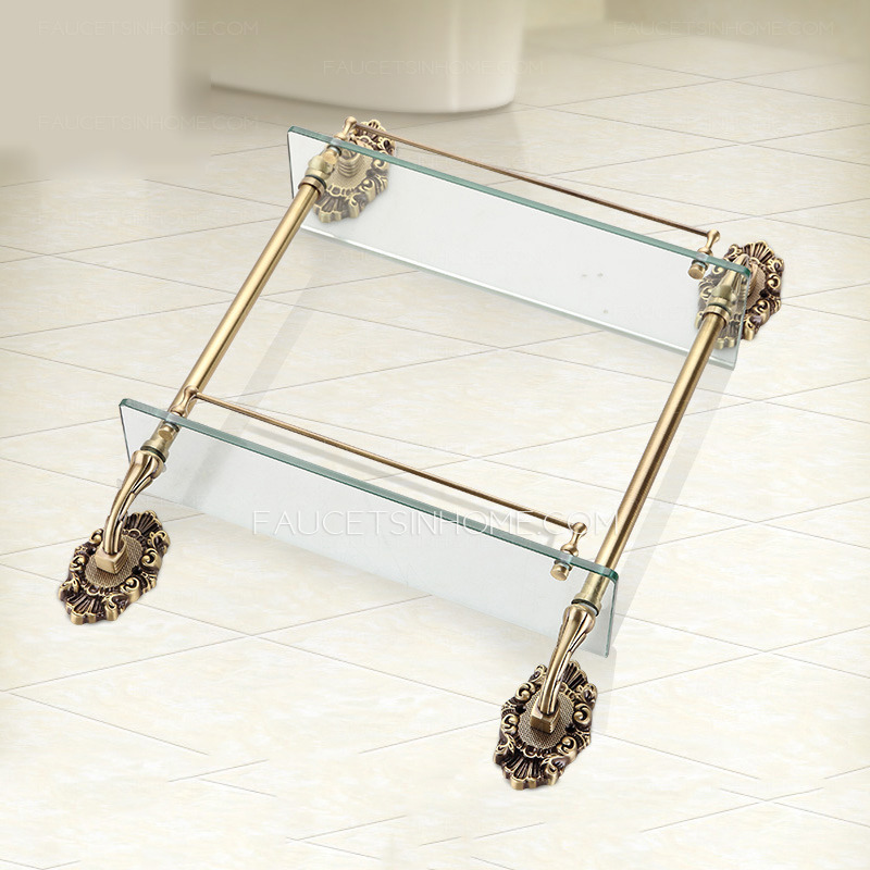 Antique Bronze Double Glass Bathroom Shelves