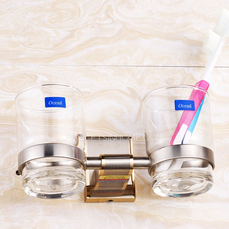 Designer Brass Double Cup Toothbrush Holder For Bathroom