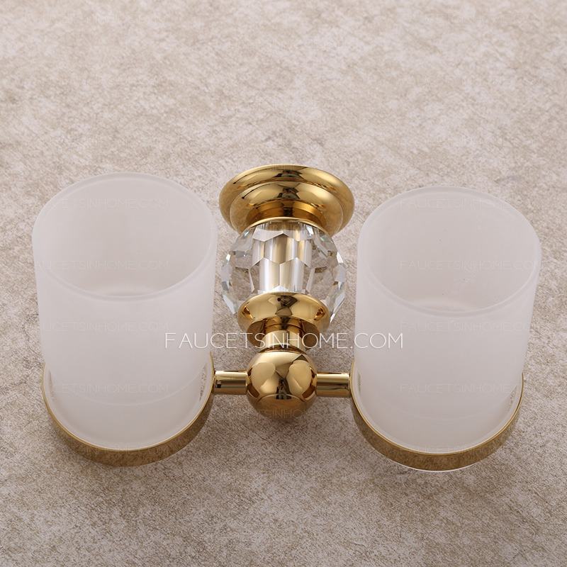 Luxury Gold Brass Crystal Double Cup Toothbrush Holder