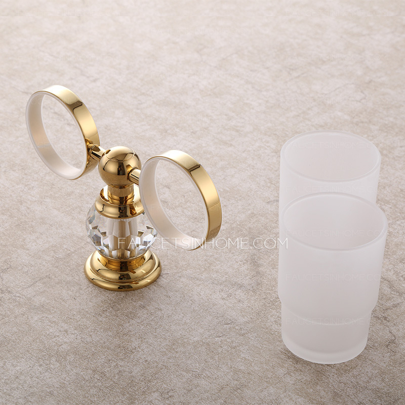 Luxury Gold Brass Crystal Double Cup Toothbrush Holder