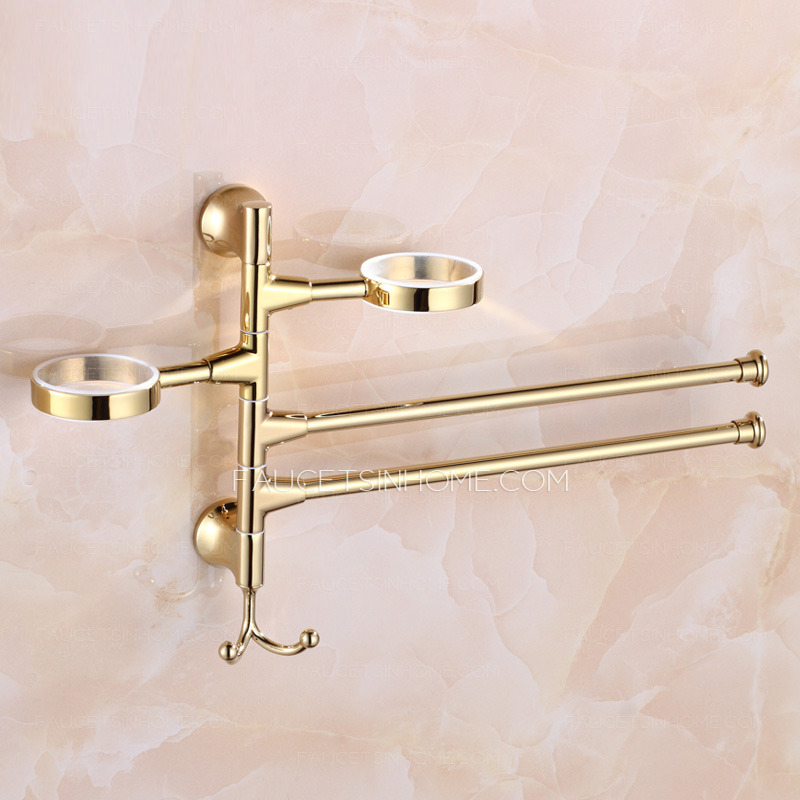 Designer Brass Double Bars Towel Bars With Two Toothbrush Cup