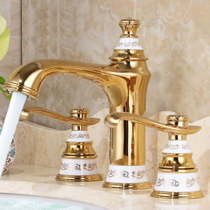 Luxury Polished Brass Two Handles 3 Hole Bathroom Faucet