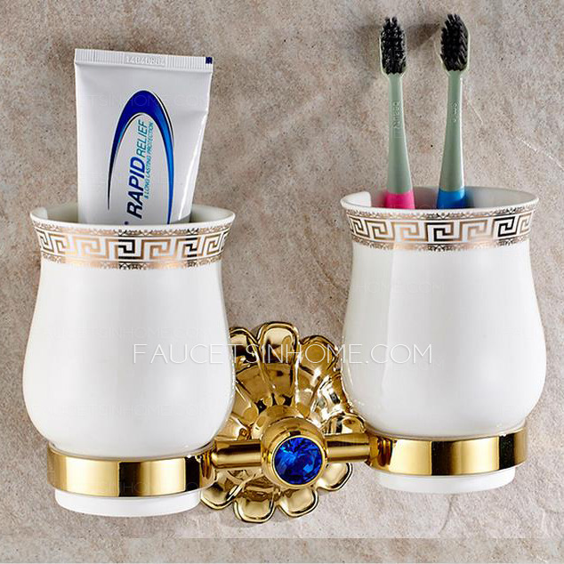 Vintage Brass Double Porcelain Cup Toothbrush Bathroom 