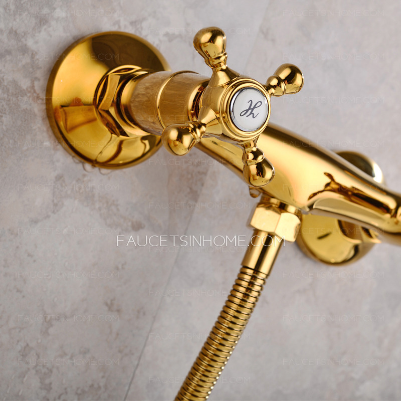 European Antique Tub Shower Faucet Golden Wall Mount 