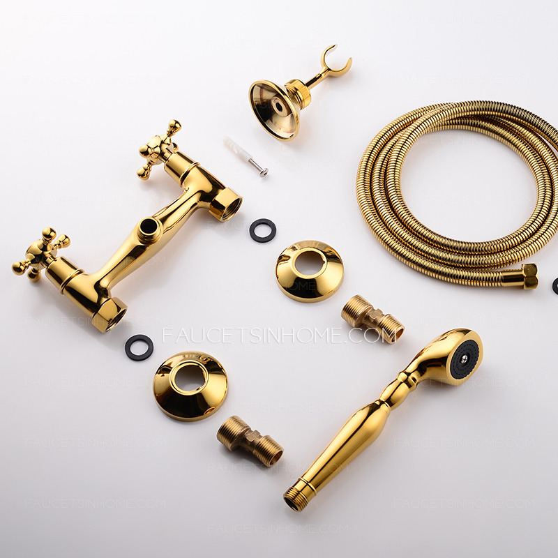 European Antique Tub Shower Faucet Golden Wall Mount 