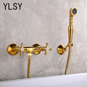 European Antique Tub Shower Faucet Golden Wall Mount 