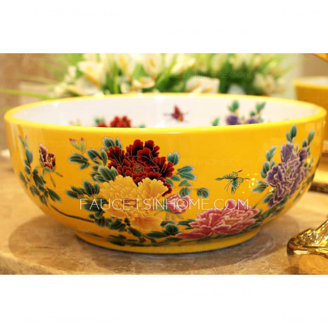 Porcelain Vessel Sink Chinese Style Yellow and White Round