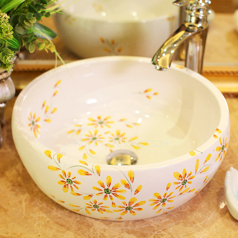 Round Vessel Sink Artistic Ceramic Yellow Barberton Daisy  